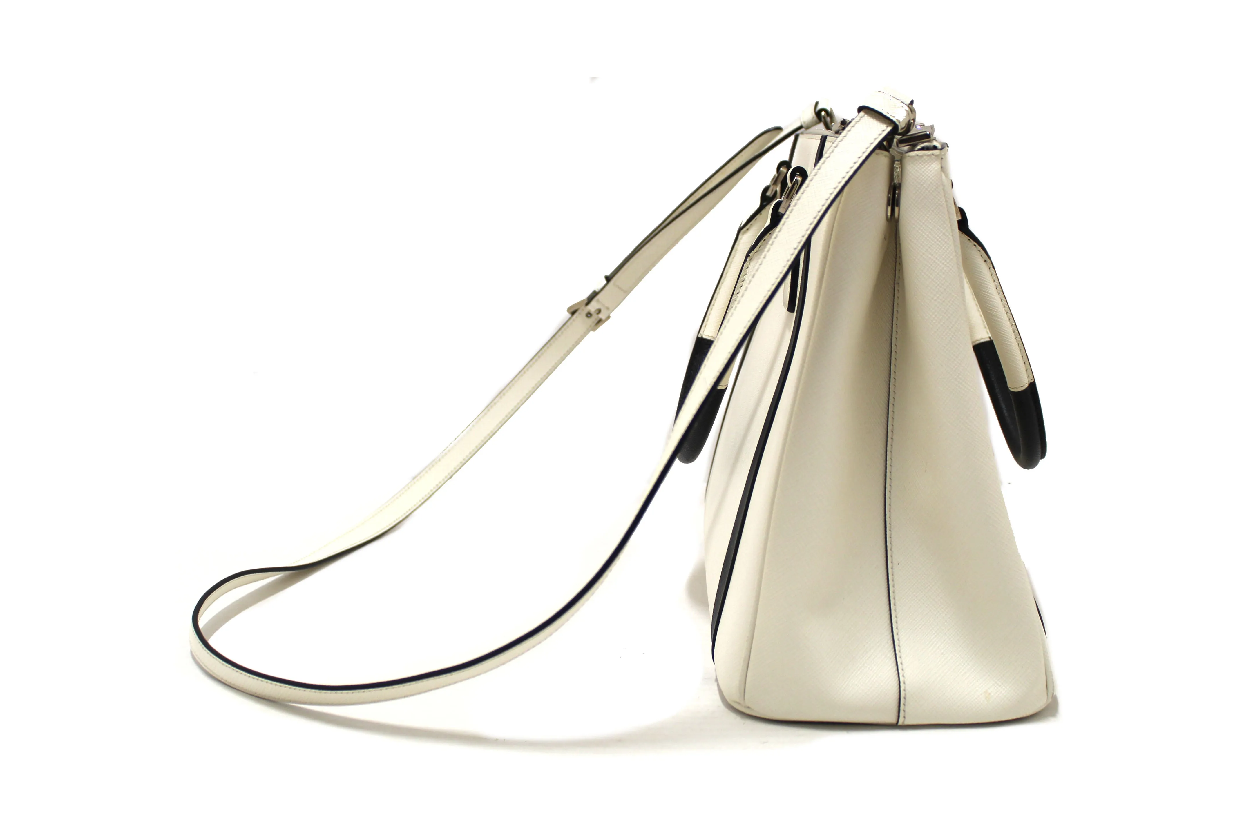 Authentic Prada White and Black Bi-color Saffiano Galleria Large Tote Bag